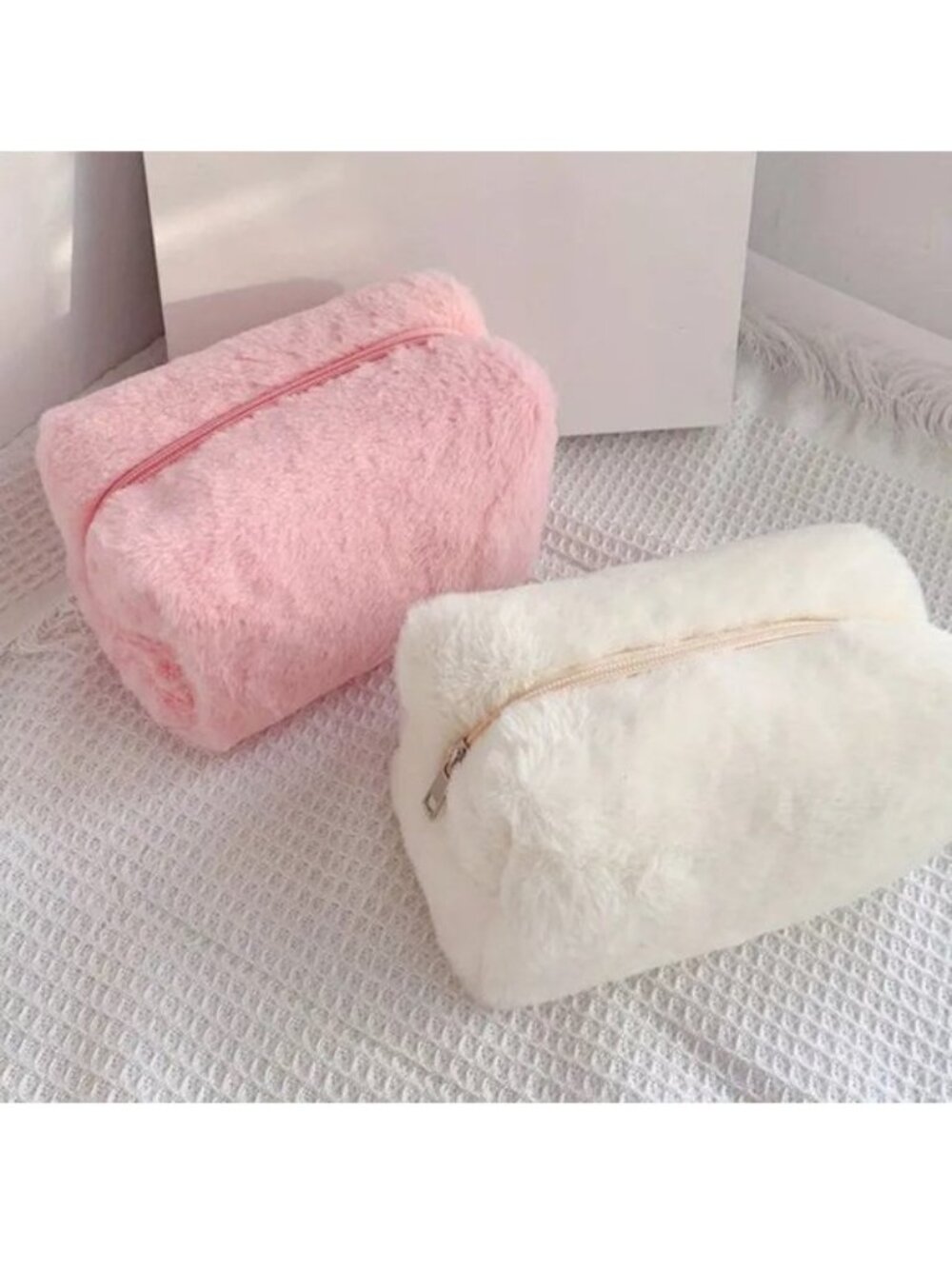 Fuzzy Cosmetic Bag Makeup Travel Glam Style Clutch Toiletry Pink White Weekend